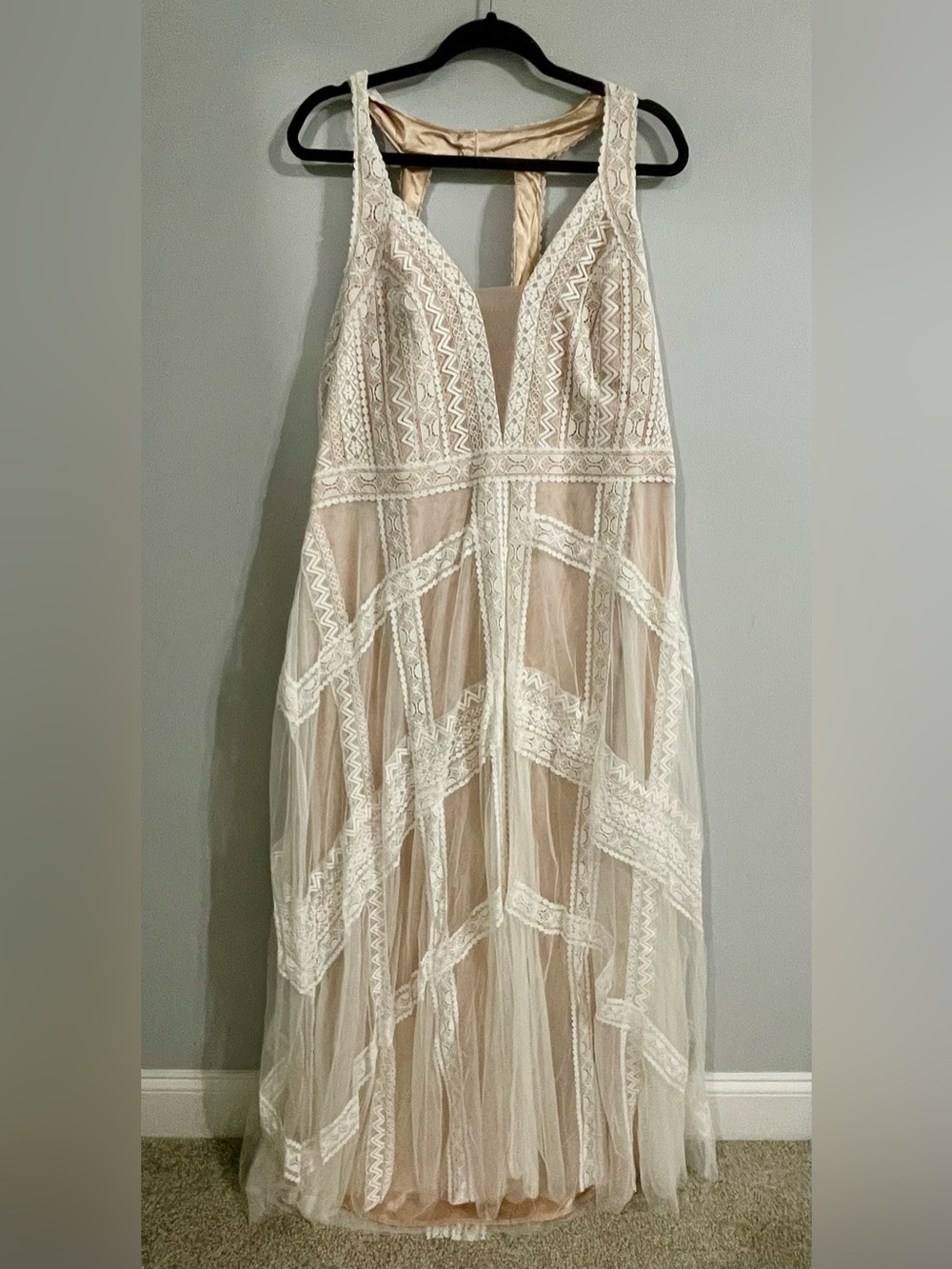 City Chic Lace Overlay V-Neck Maxi Dress in Ivory and Nude